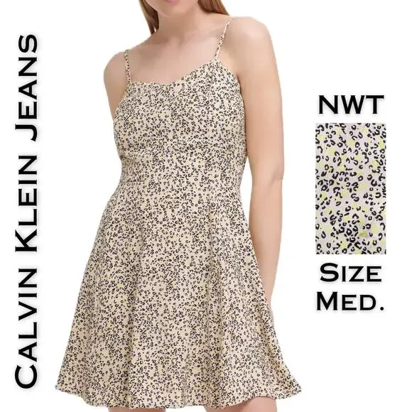 Calvin Klein Skater Minidress Sundress Medium Beige Black Leopard Print NEW - Picture 1 of 12